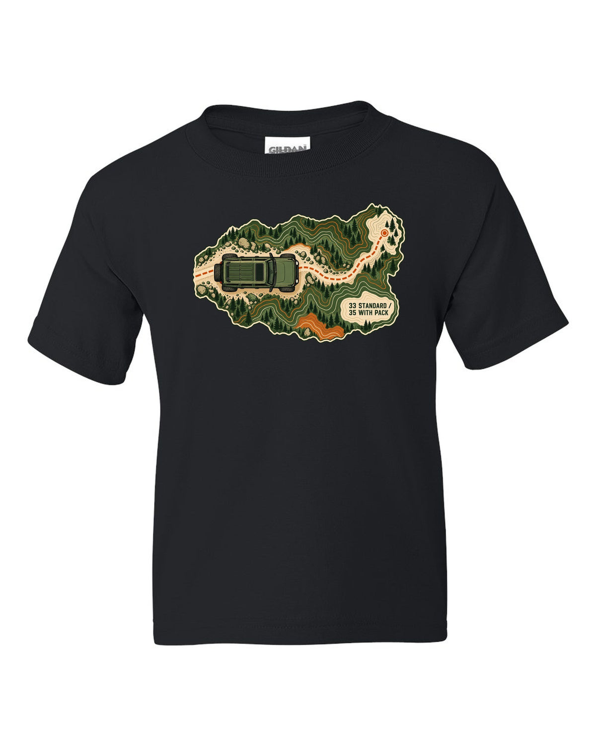 Topographic route map art of a 2021 Ford Bronco 4-door Badlands with 33 STANDARD 35 WITH PACK notes black kids tee front view with the design