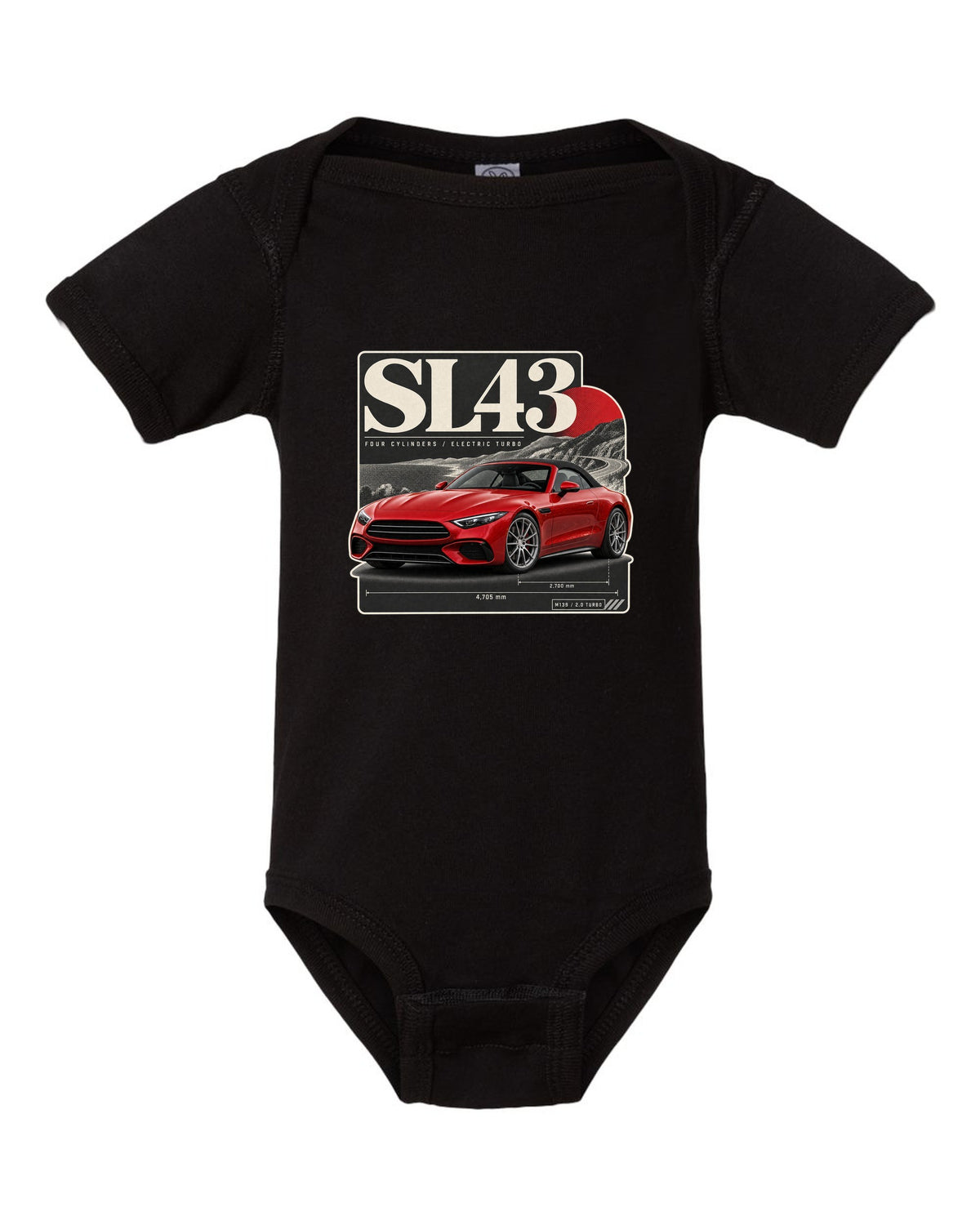 SL43 R232 Electric Turbo Editorial black baby onesie front view with the design