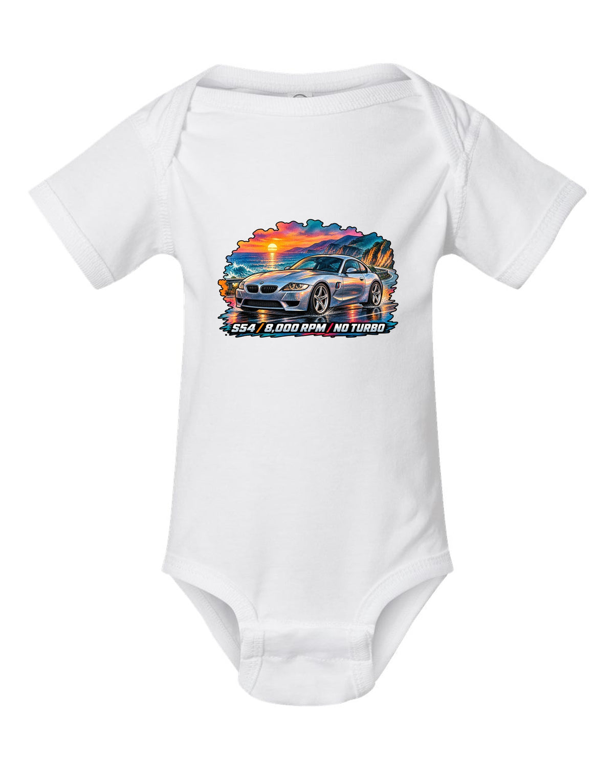 BMW Z3 M Coupe 16-bit pixel art print with Clown Shoe 3.2 text white baby onesie front view with the design
