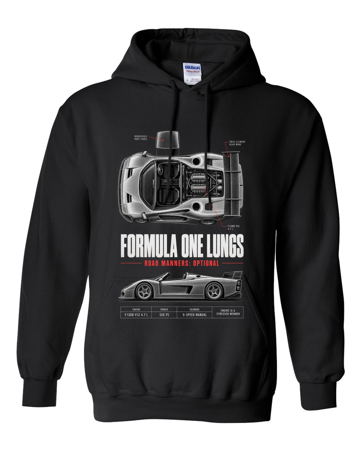 Ferrari F50 1995 top-down and profile spec poster print, F130B V12 4.7 L black pull over hoodie front view with the design