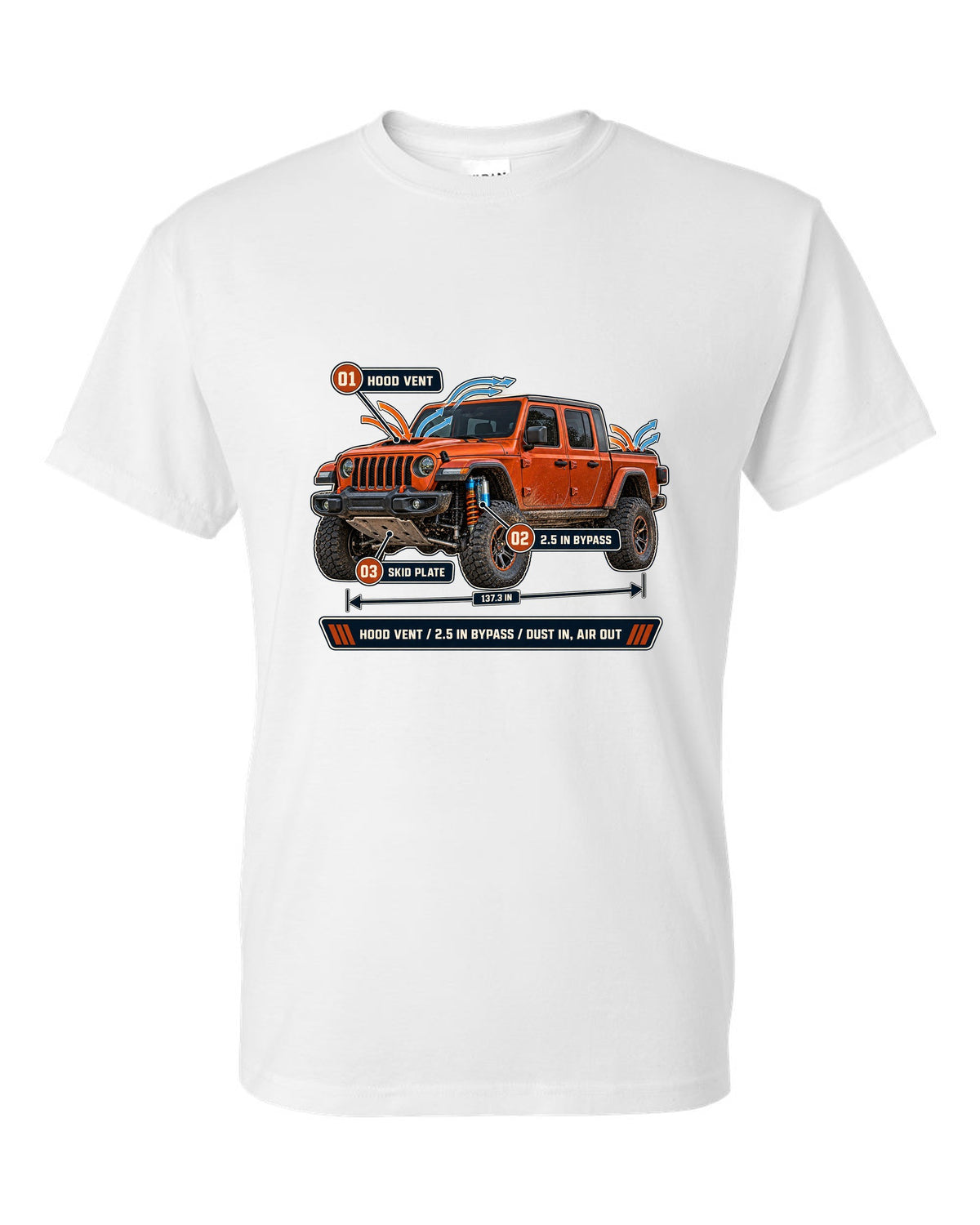 Aero callout print for the Jeep Gladiator Mojave JT showing hood vent and bypass white t-shirt front view with the design