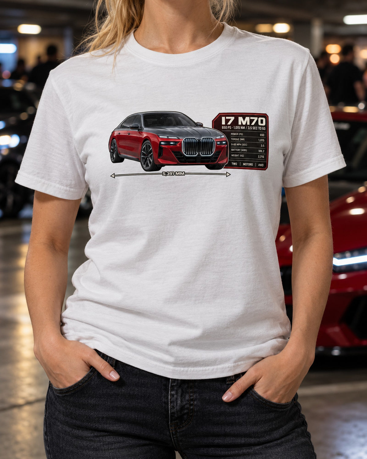 BMW i7 M70 xDrive G70 Spec Poster Shirt, 650 PS Print T-Shirt White worn hero