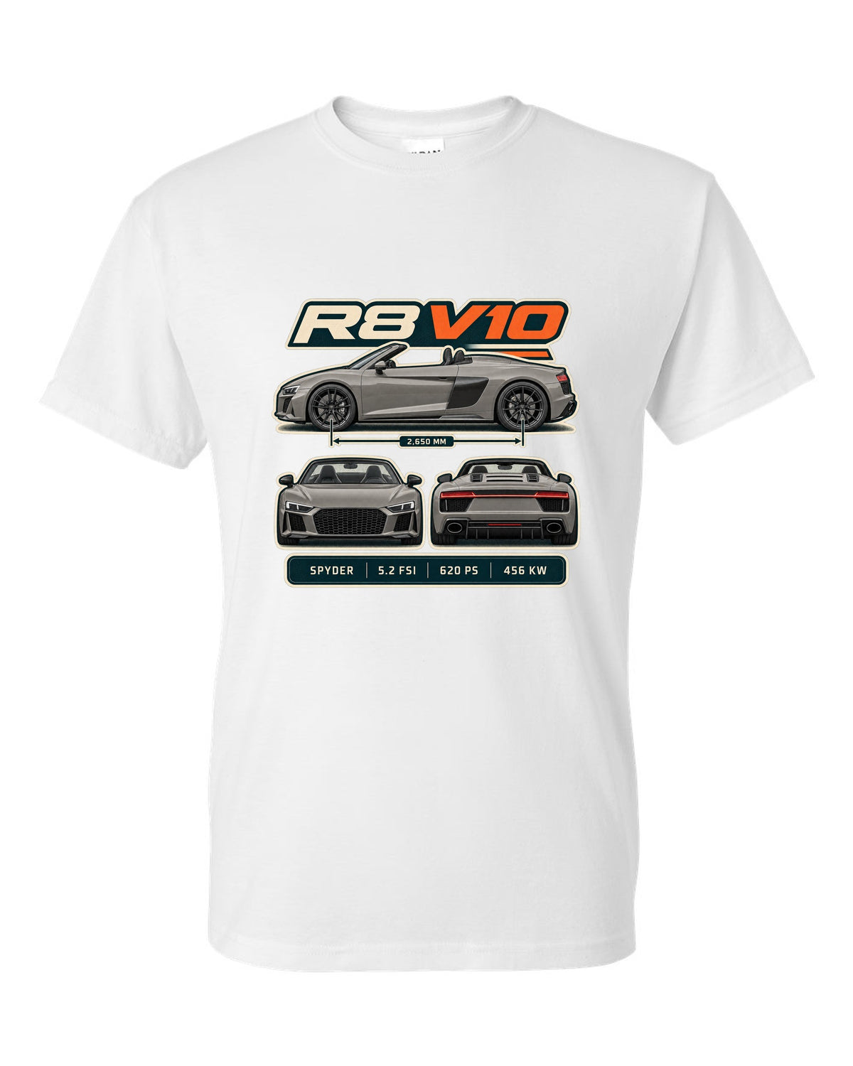Audi R8 Spyder V10 performance three-view spec table print design white t-shirt front view with the design