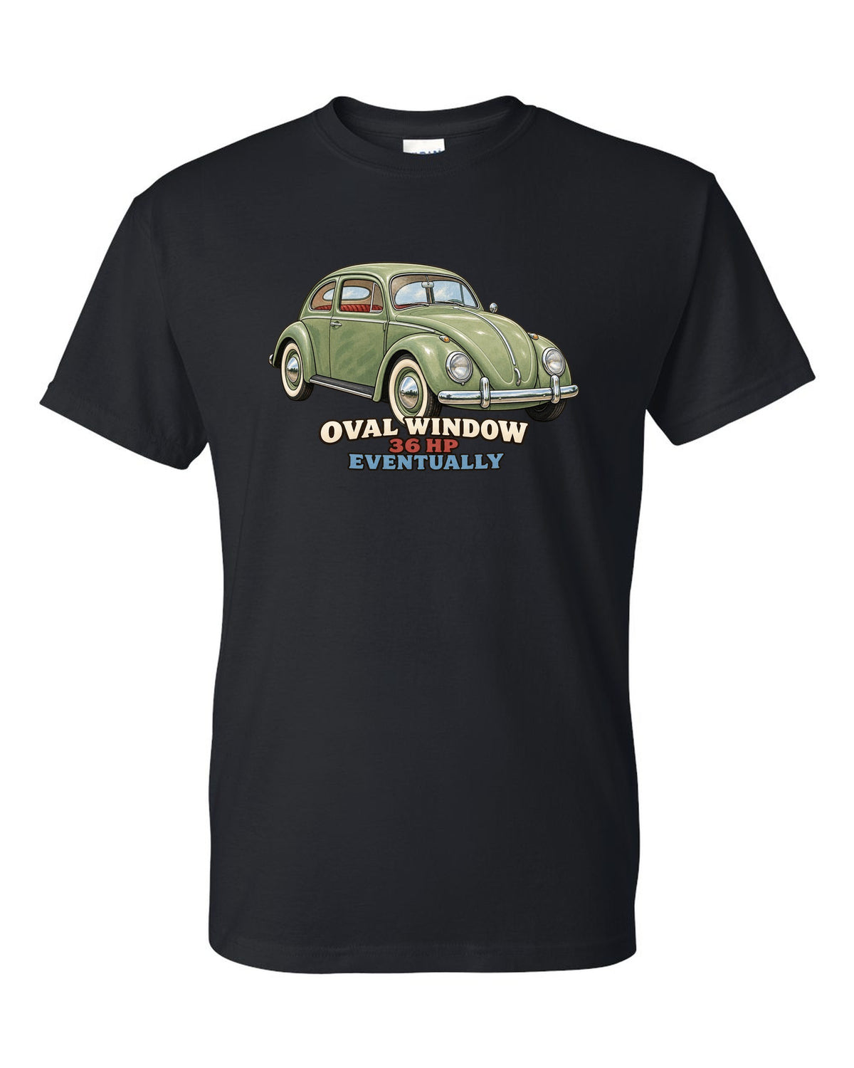 Gouache painted print of a 1956 VW Beetle Type 1 oval window with 36 HP lettering black t-shirt front view with the design