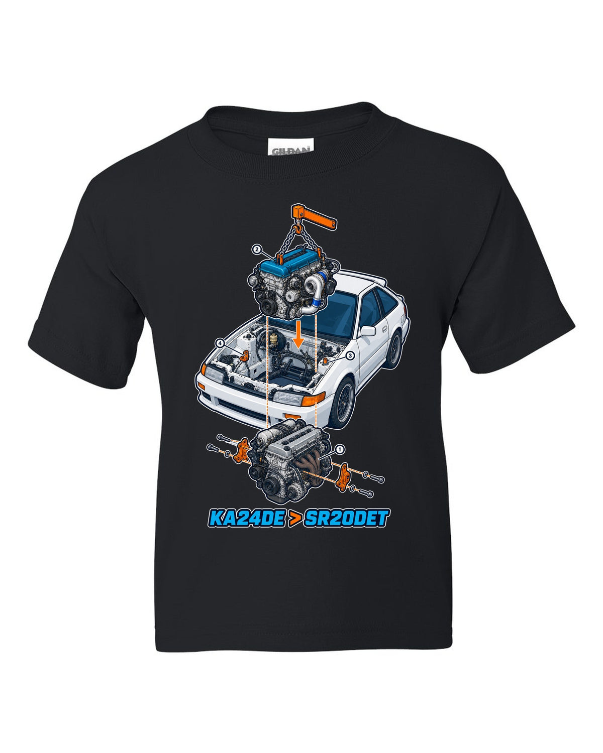 Exploded isometric engine cutaway for a Nissan S13 KA24DE to SR20DET swap black kids tee front view with the design