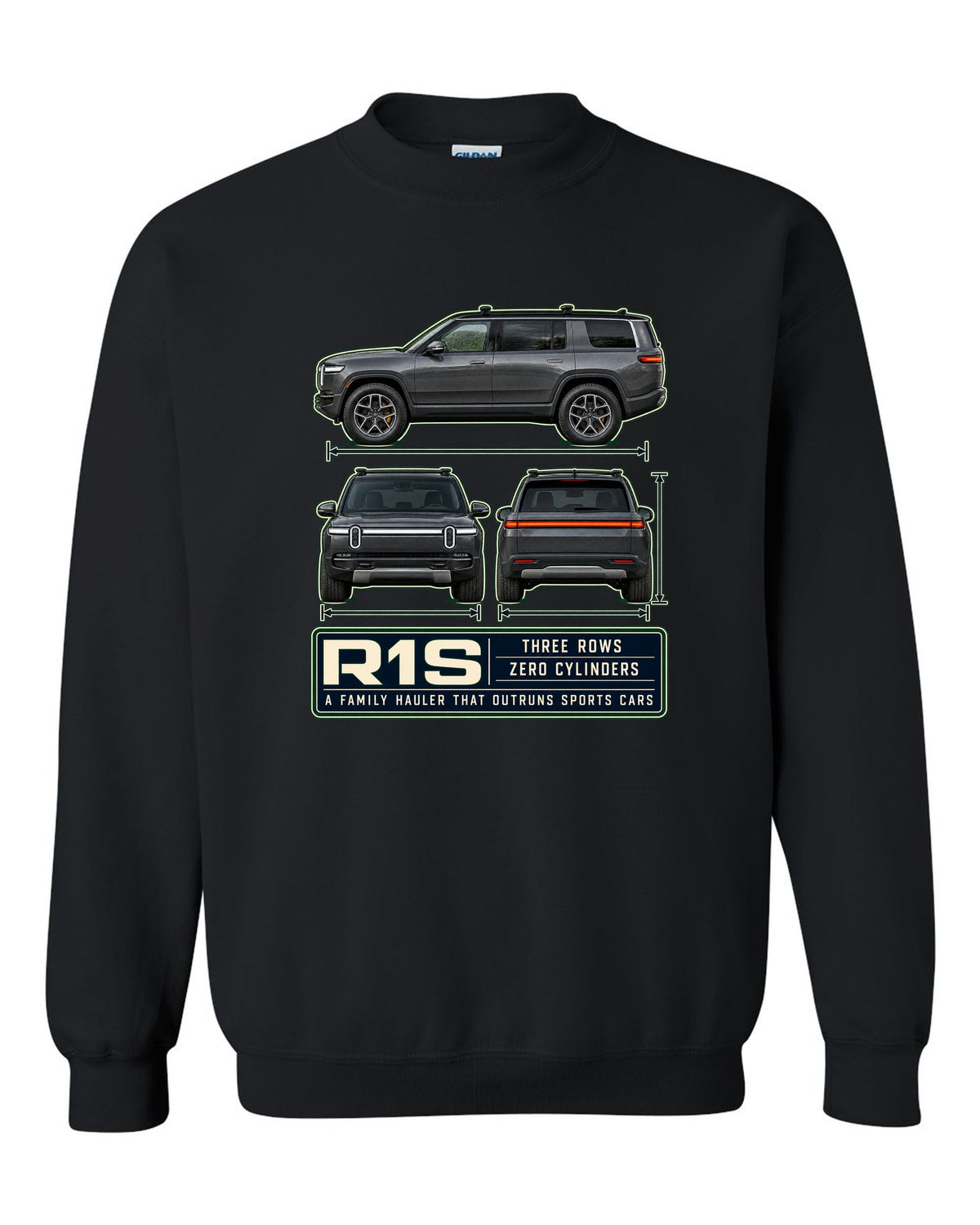 Three-view drawing with spec table print of the Rivian R1S seven-seat electric SUV black crewneck front view with the design