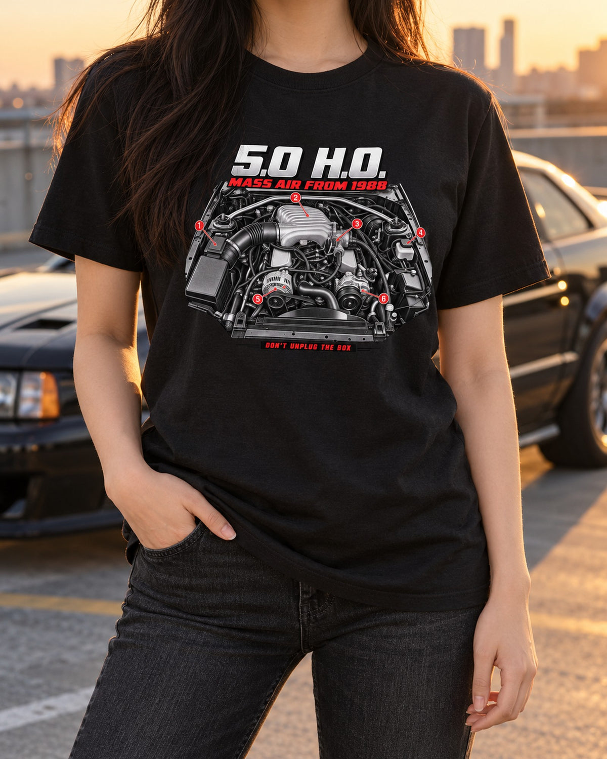 Mustang 5.0 H.O. Fox Body Engine Bay Shirt, 1989 T-Shirt Black worn hero