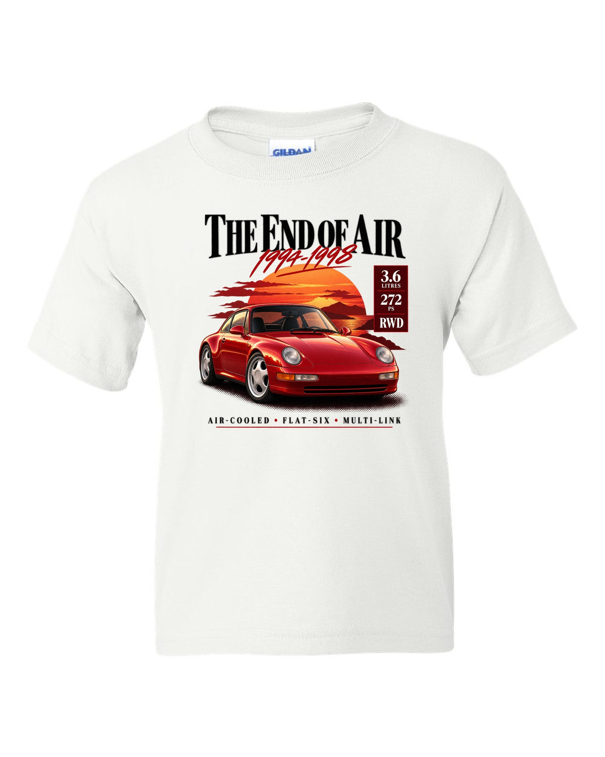 Archive panel print of a Porsche 911 Carrera (993) coupe with the heading The End Of Air and spec list white kids tee front view with the design