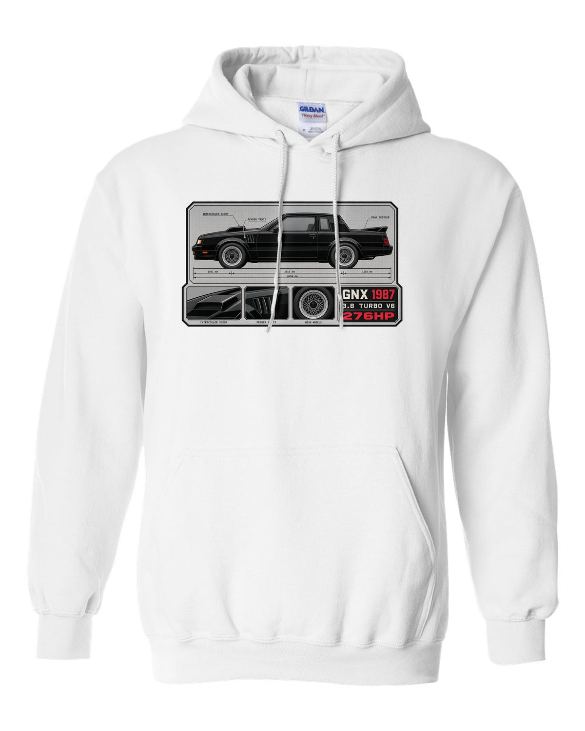 1987 Buick GNX datasheet spec layout with 3.8 turbo V6 and 276HP text white pull over hoodie front view with the design