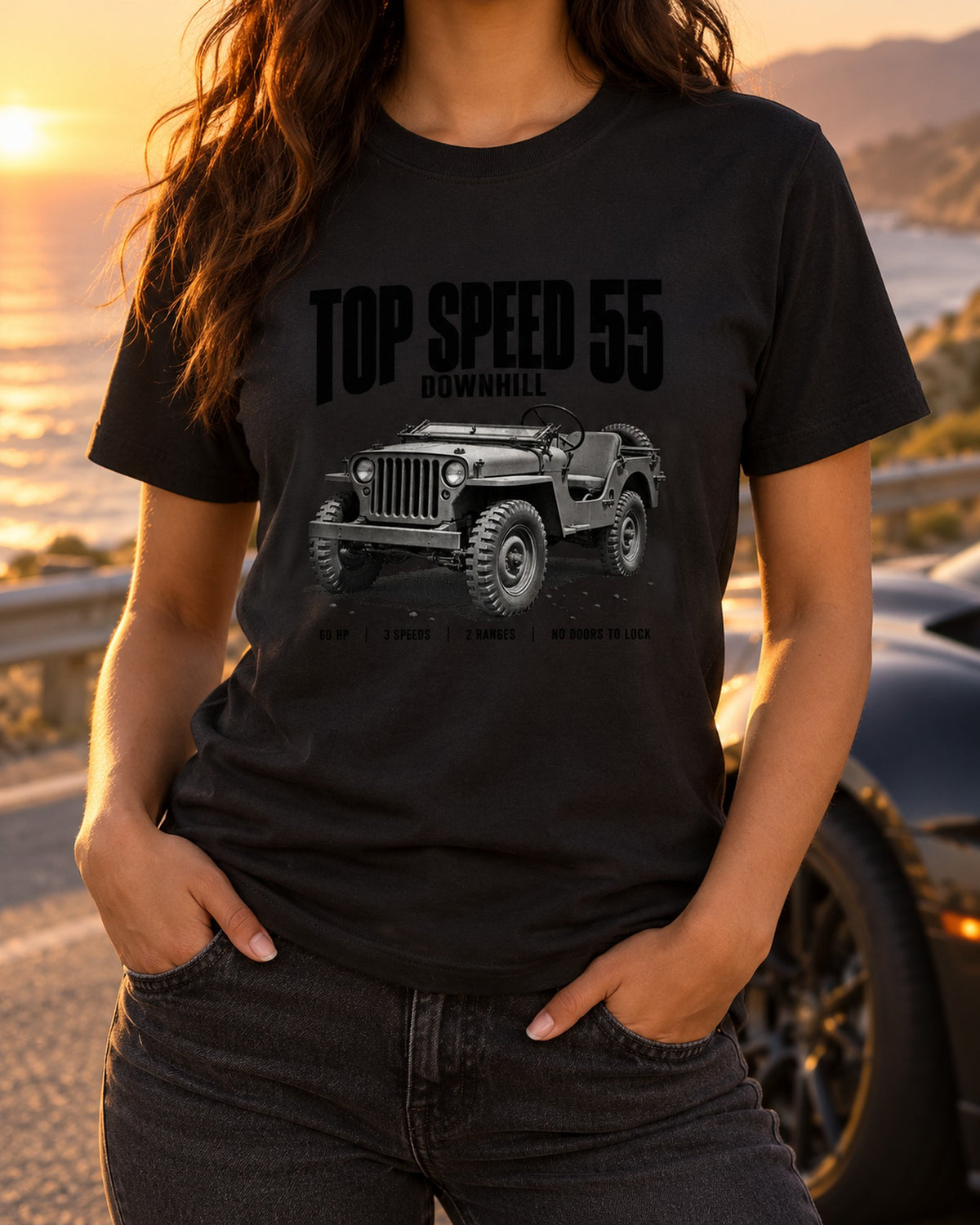 Willys MB Top Speed 55 Halftone Shirt, Vintage Jeep Tee T-Shirt Black worn hero