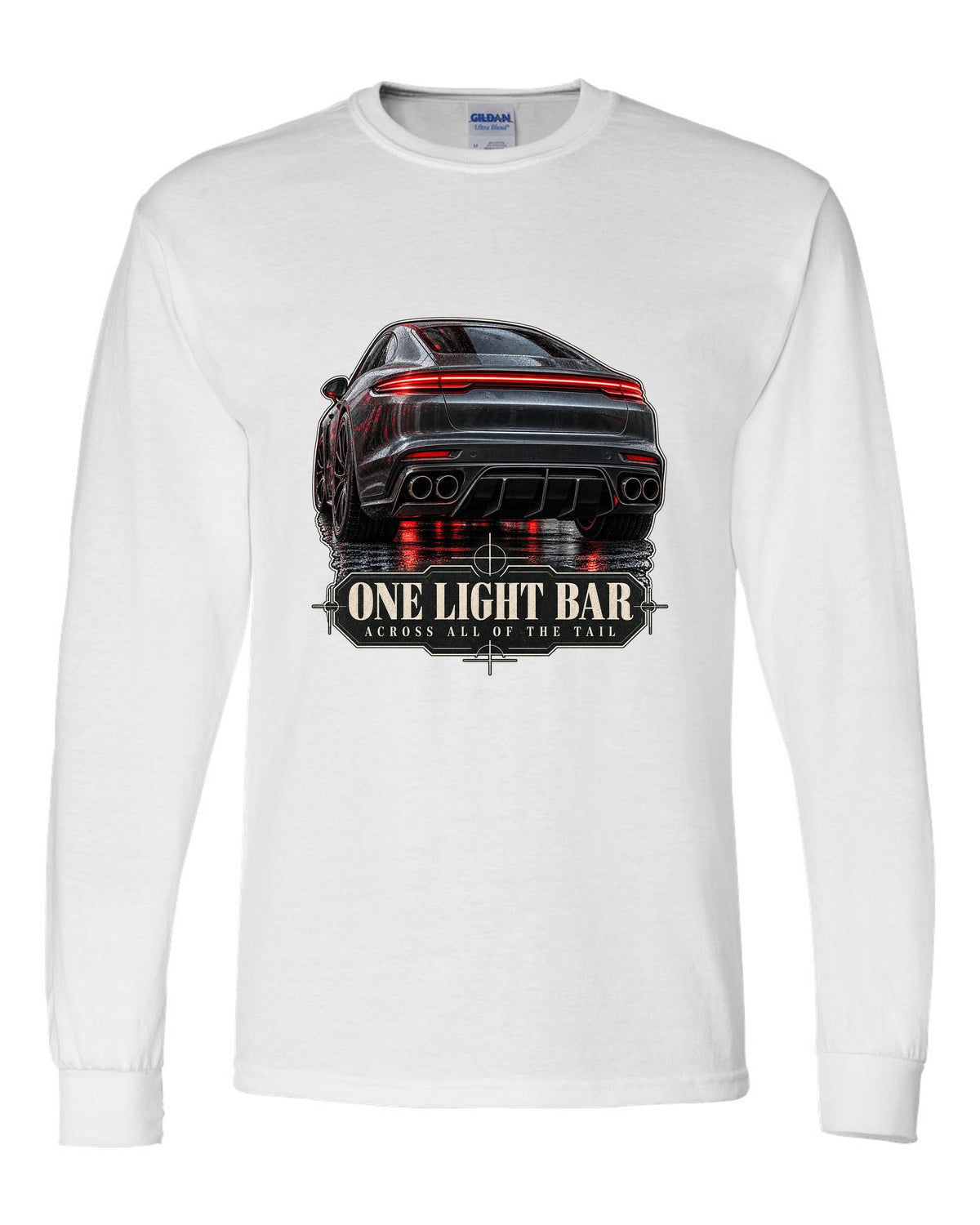 Close crop print of the full-width taillight bar on a Porsche Panamera Turbo S E-Hybrid G3 white long sleeve front view with the design