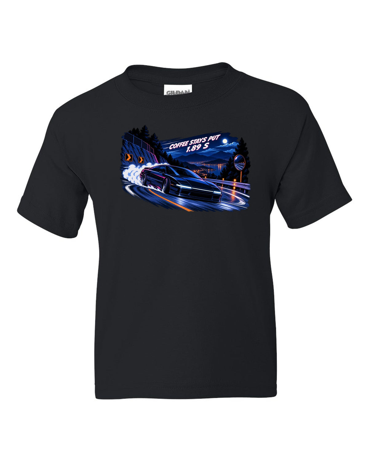 Lucid Air Sapphire cel-shaded 90s anime night touge print with the text coffee stays put 1.89 s black kids tee front view with the design