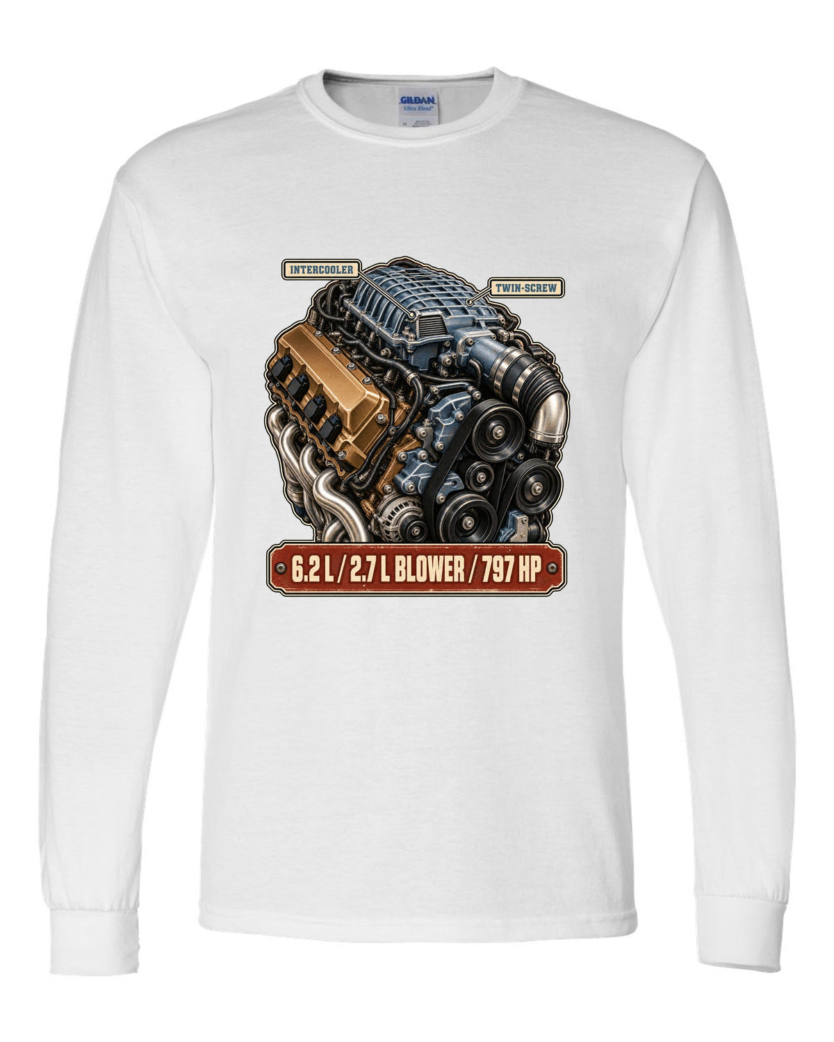 print of the supercharged 6.2L V8 from a Dodge Charger SRT Hellcat Redeye white long sleeve front view with the design