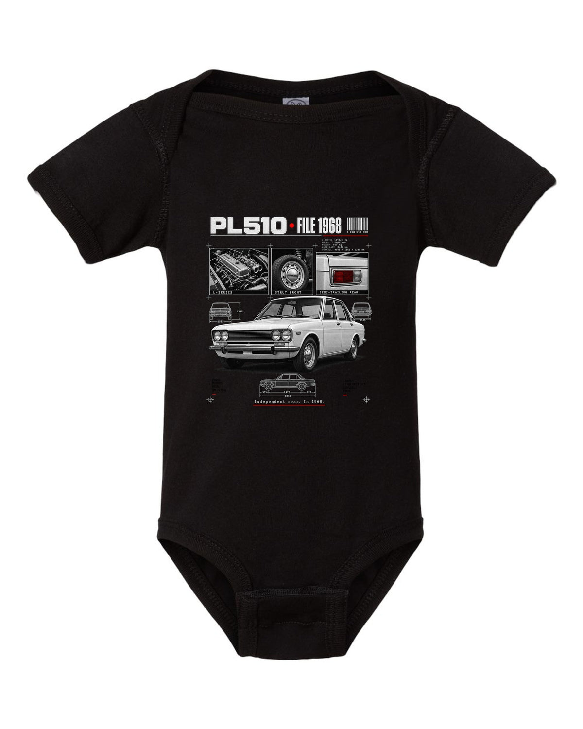 Dossier panel print of a Datsun PL510 sedan and wagon with suspension notes black baby onesie front view with the design