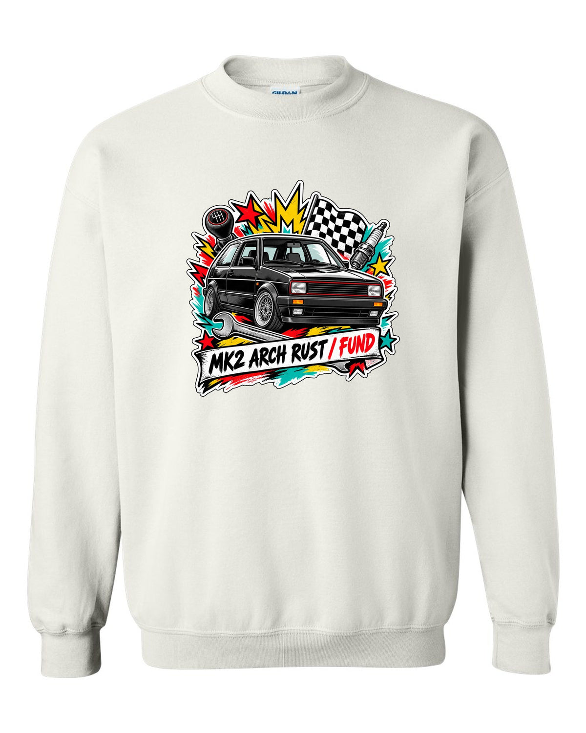 Sticker bomb collage print of a VW Golf Mk2 GTI with arch rust fund text white crewneck front view with the design