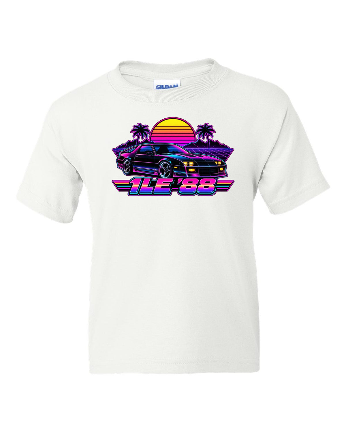 1988 Camaro 1LE third-generation against a synthwave grid horizon with a striped sun and the text 1LE '88 white kids tee front view with the design