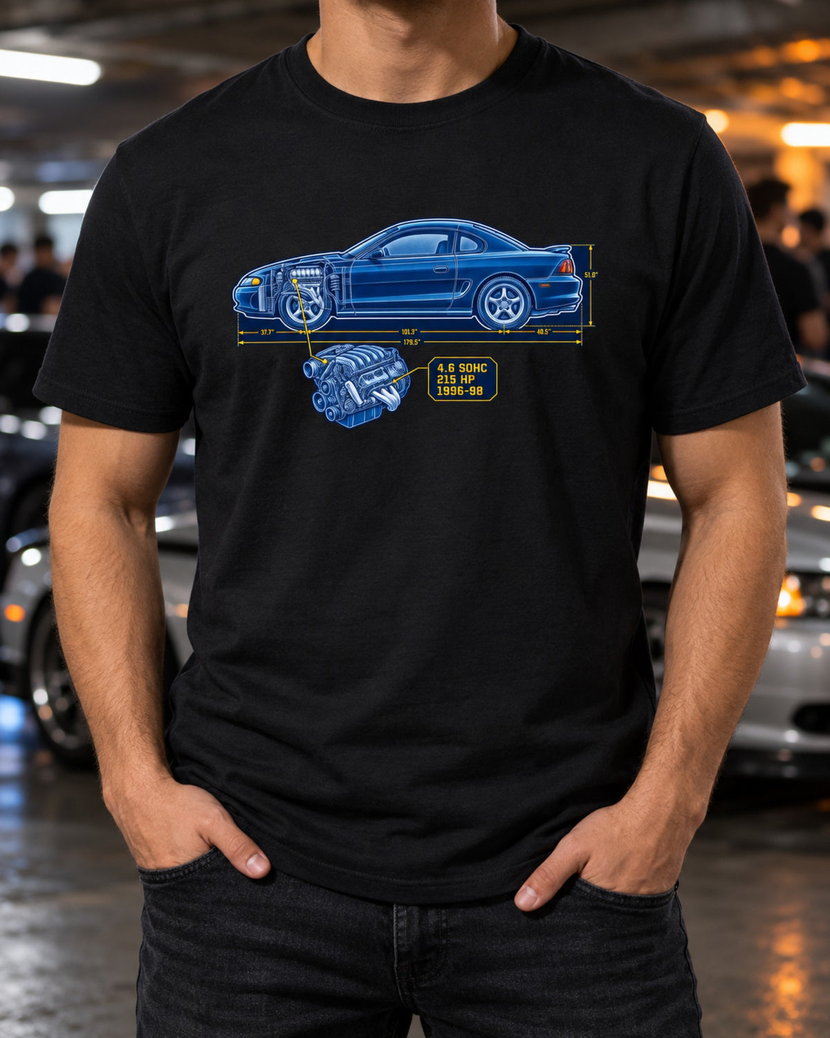 Ford Mustang SN95 Coupe Cyanotype Draft Shirt, 1996-98 4.6 T-Shirt Black worn hero