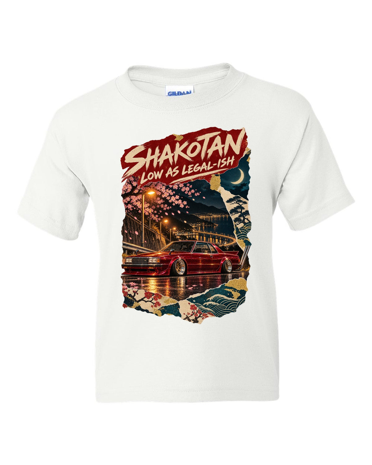 Japanese poster collage of a lowered kaido racer coupe with SHAKOTAN lettering white kids tee front view with the design