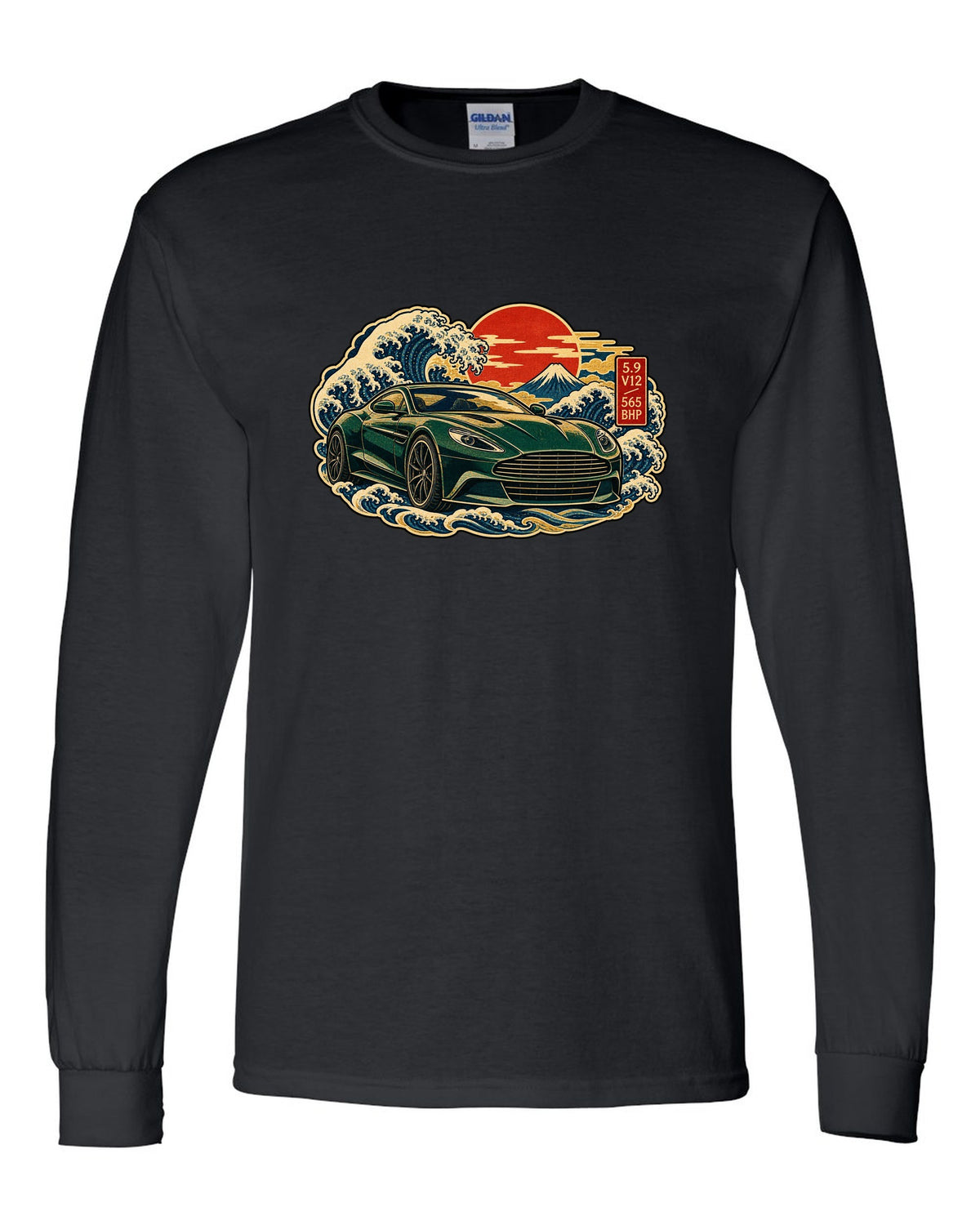 Aston Martin Vanquish ukiyo-e woodblock wave with 5.9 V12 565 BHP lettering black long sleeve front view with the design