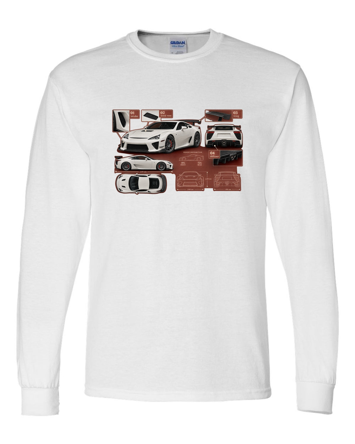 Aero callout diagram of the 2020 Lexus RC F Track Edition white long sleeve front view with the design