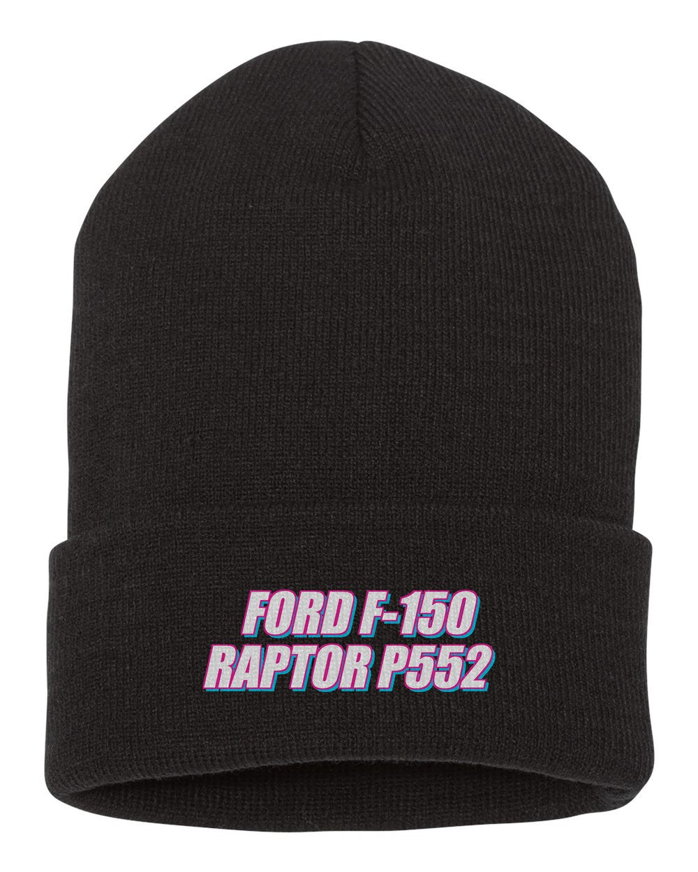 Ford F-150 Raptor P552 black beanie front view with car name
