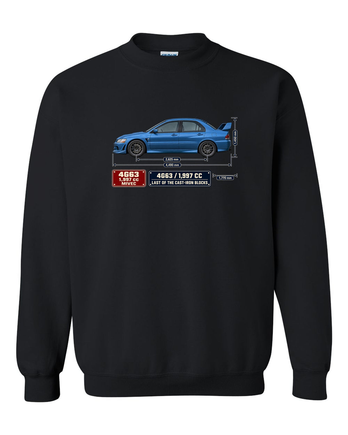 Lancer Evolution IX MR Blueprint black crewneck front view with the design