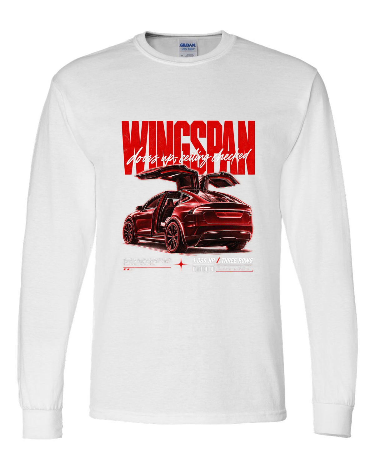 Tesla Model X Plaid 2021 with falcon doors raised in a street poster titled Wingspan white long sleeve front view with the design