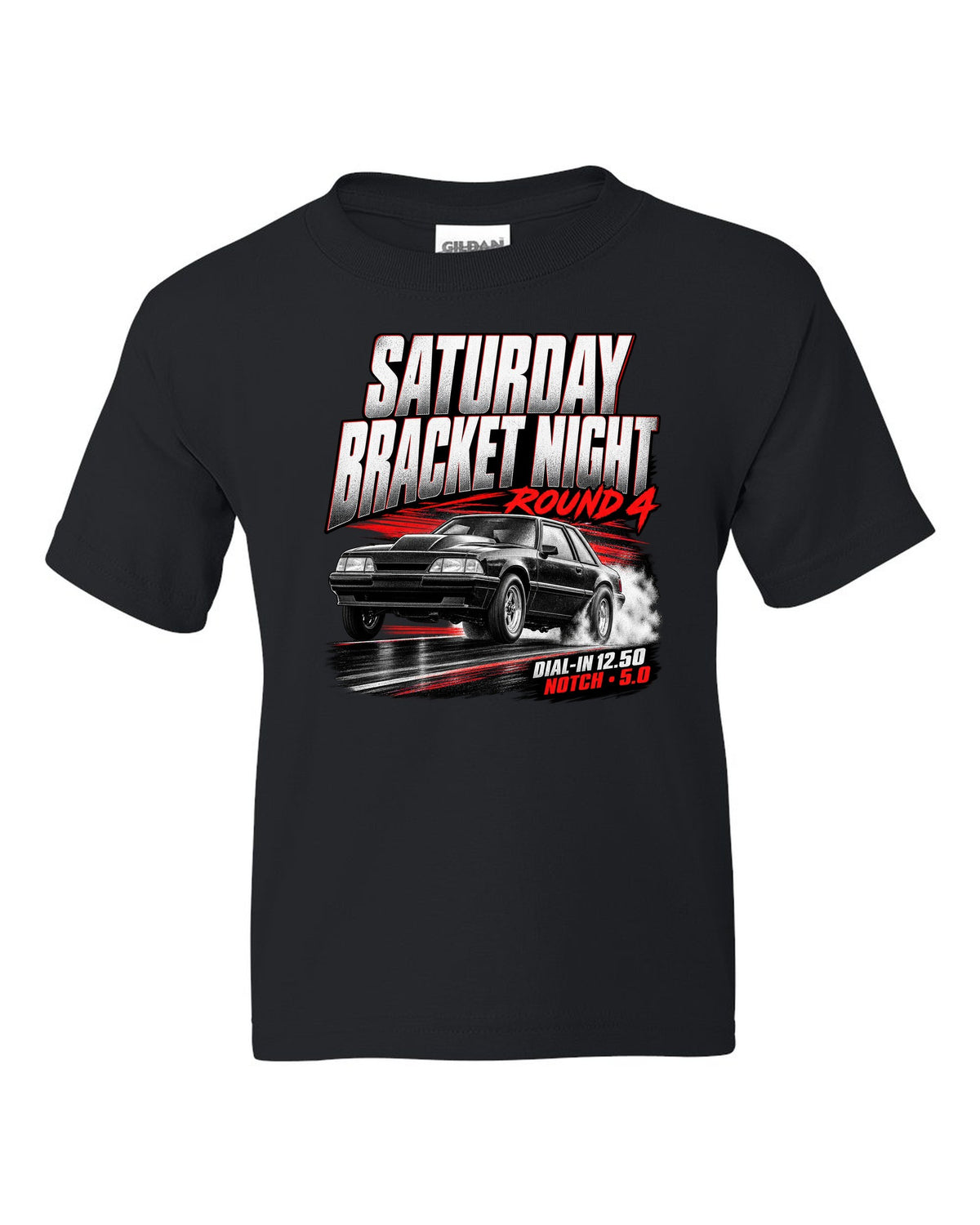 Race poster illustration of a Fox body Mustang notchback drag build for bracket night round 4 black kids tee front view with the design