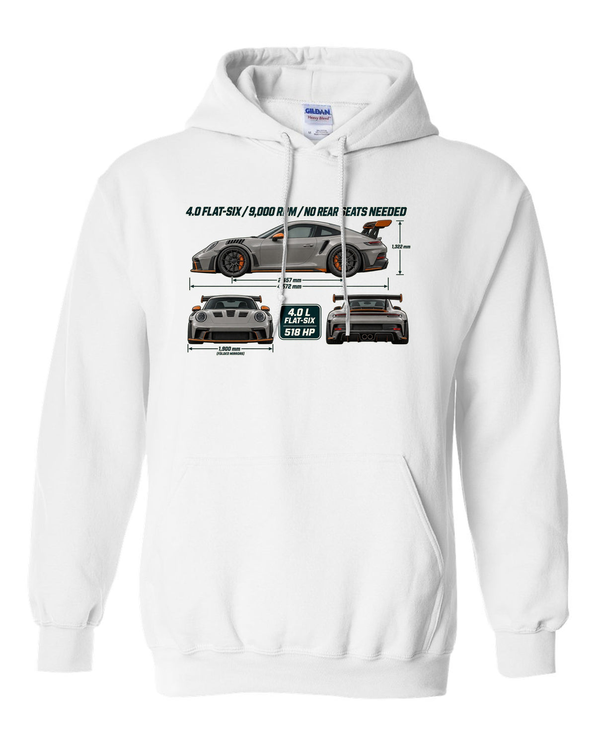 Three-view drawing and spec table of a Porsche 911 GT3 RS 992 in warm grey white pull over hoodie front view with the design