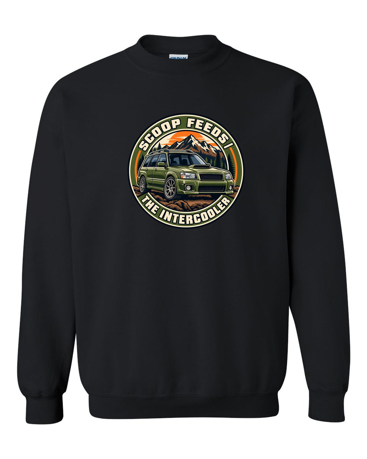 Round embroidered-style crest for a Subaru Forester SG9 about the hood scoop feeding the intercooler black crewneck front view with the design