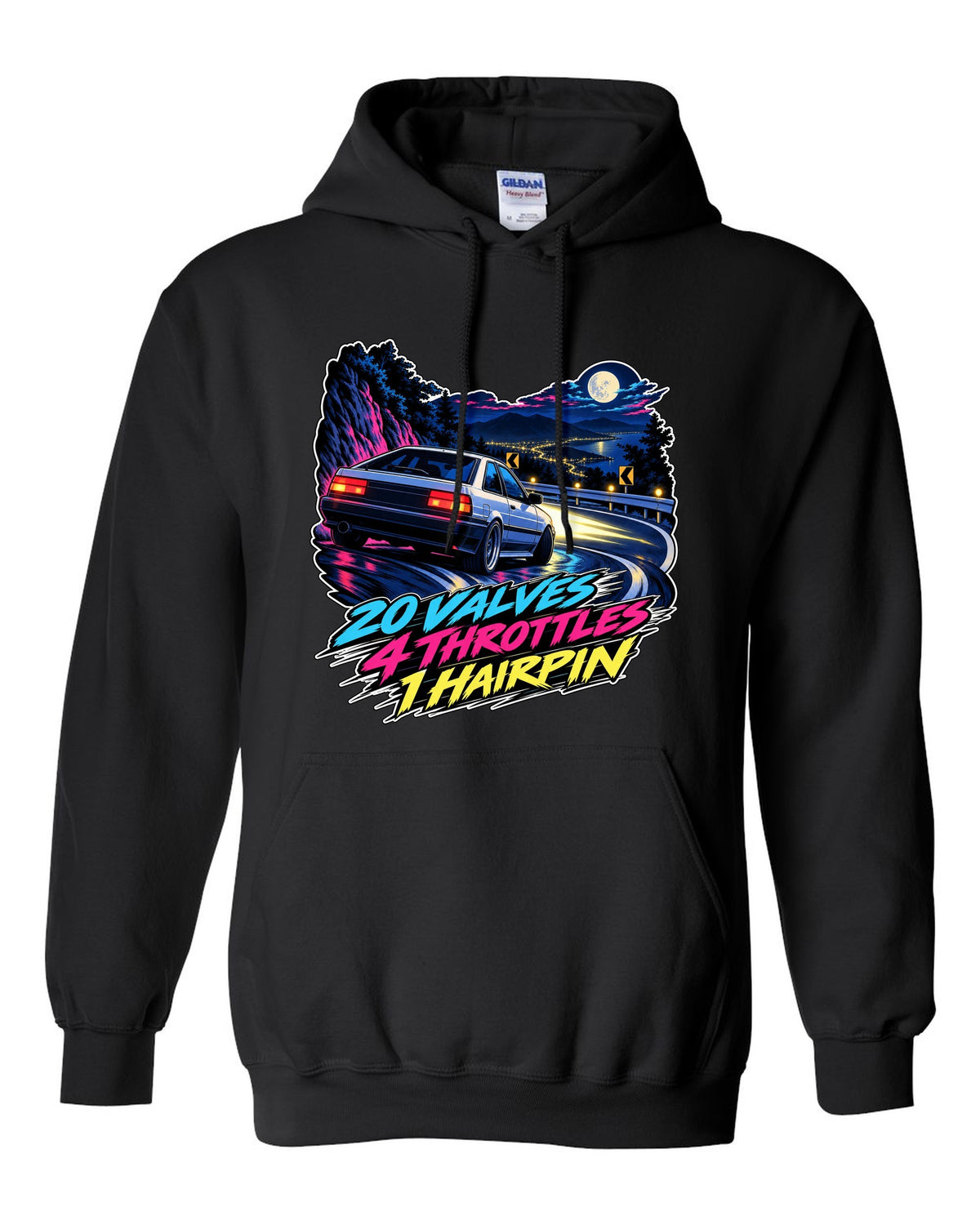 Cel-shaded 90s anime night touge scene of a Toyota Corolla AE101 with valves and throttles lettering black pull over hoodie front view with the design
