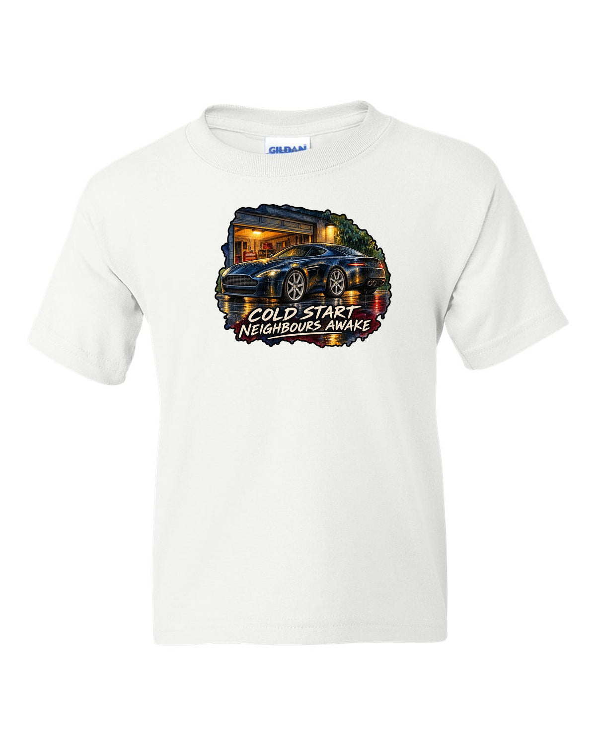 Aston Martin V8 Vantage watercolour wet-road night with COLD START NEIGHBOURS AWAKE white kids tee front view with the design