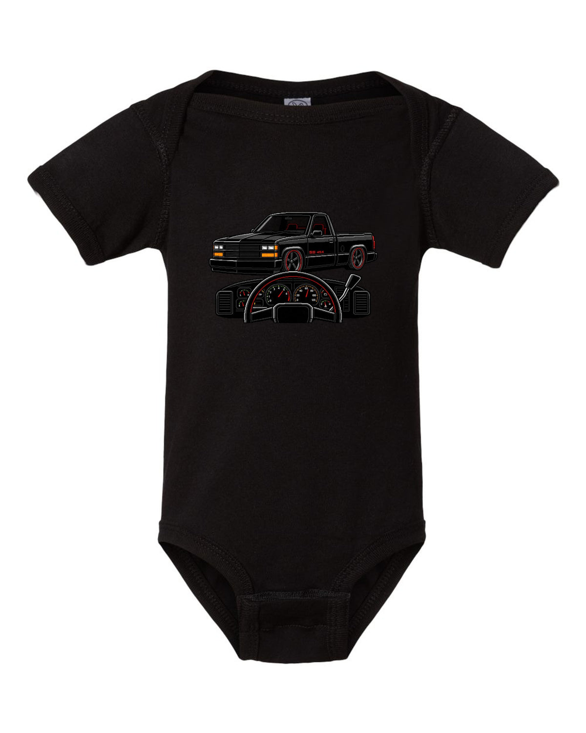 16-bit pixel art gauge print for a 1990-93 Chevrolet 454 SS pickup with SS 454 text black baby onesie front view with the design