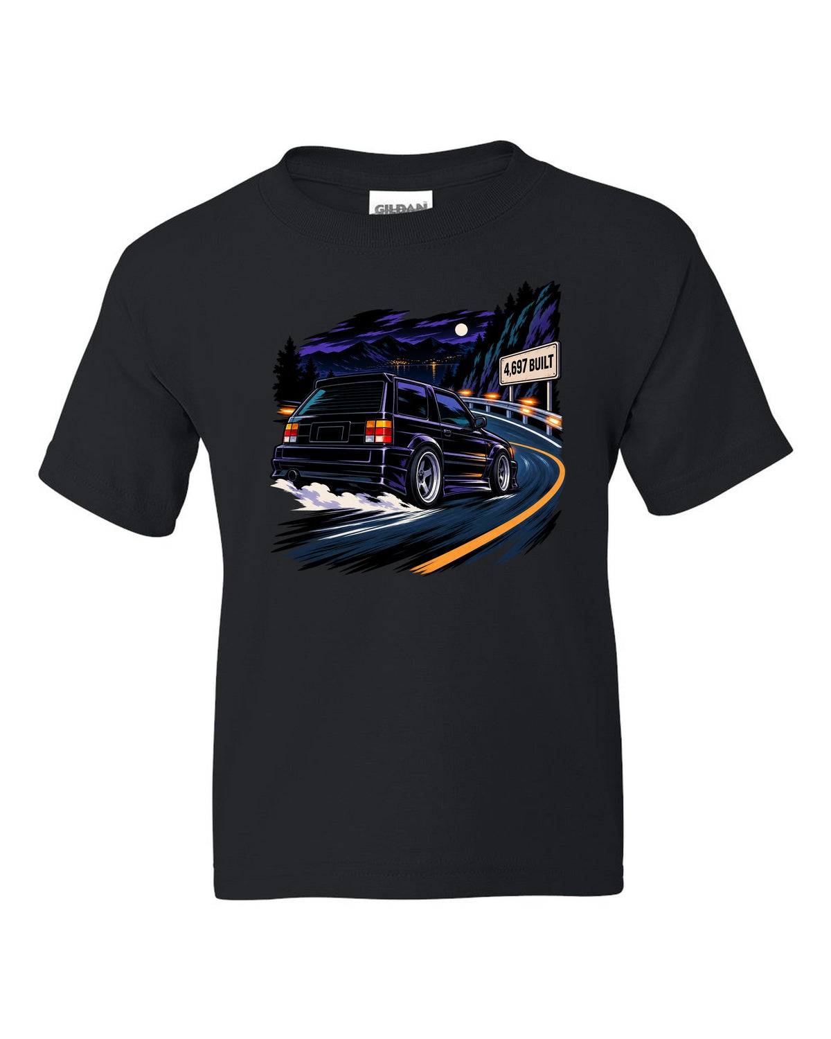 Cel-shaded 90s anime night touge scene with a 1992-93 GMC Typhoon and 4,697 BUILT text black kids tee front view with the design