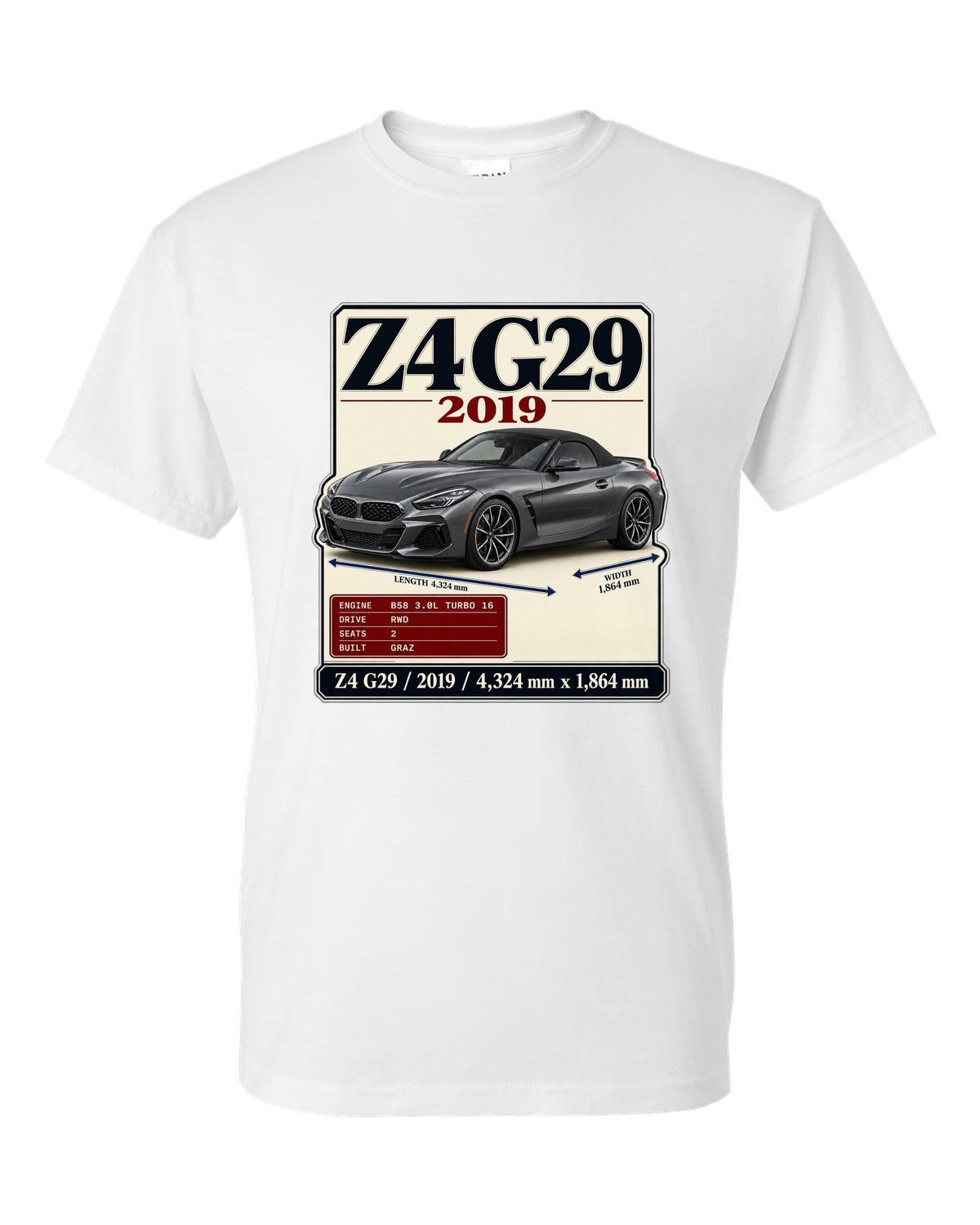 Archive plate print of the BMW Z4 G29 M40i First Edition with 2019 and dimensions white t-shirt front view with the design