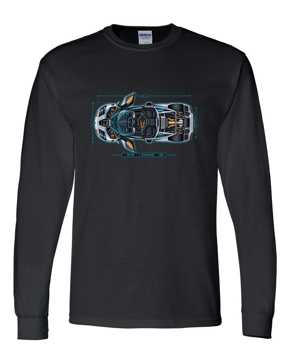 Technical blueprint print of the McLaren F1 with 1 Driver 2 Passengers 1992 lettering black long sleeve front view with the design