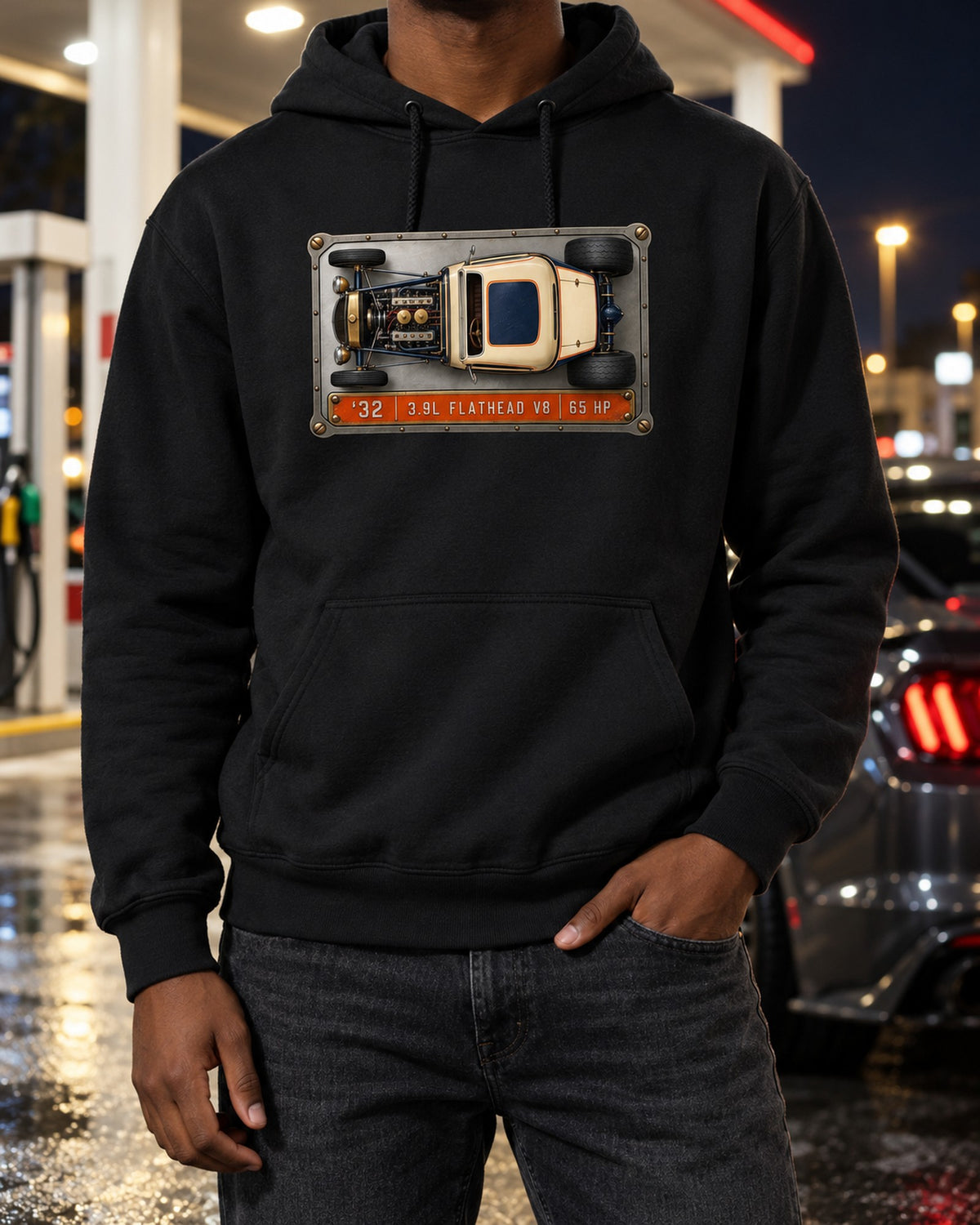 Ford 1932 Deuce Coupe Flathead V8 Data Plate Top-Down Shirt Pull Over Hoodie Black worn hero