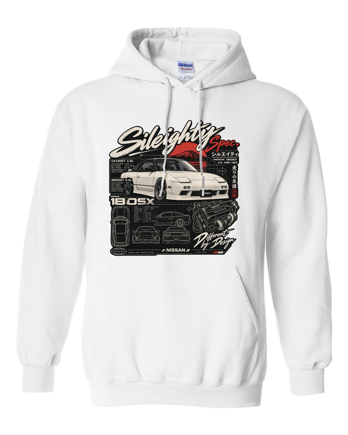 Spec-sheet data plate print for the Nissan 180SX S13 listing CA18DET and SR20DET engines white pull over hoodie front view with the design