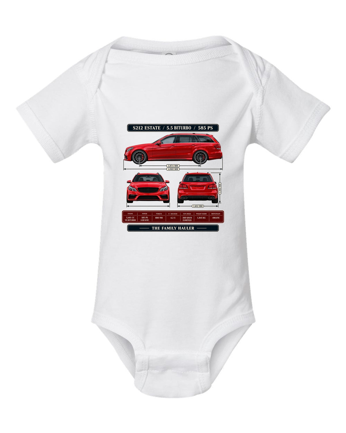 Three-view and spec table print of a signal red Mercedes-AMG E63 S S212 estate white baby onesie front view with the design