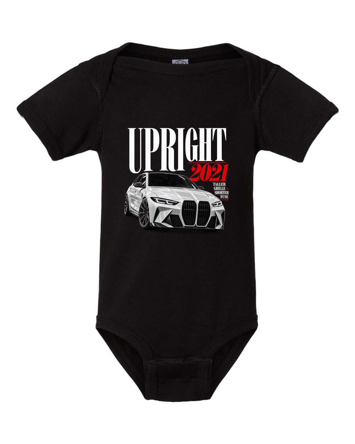 BMW G80 M3 editorial print with upright 2021 headline and grille tagline black baby onesie front view with the design