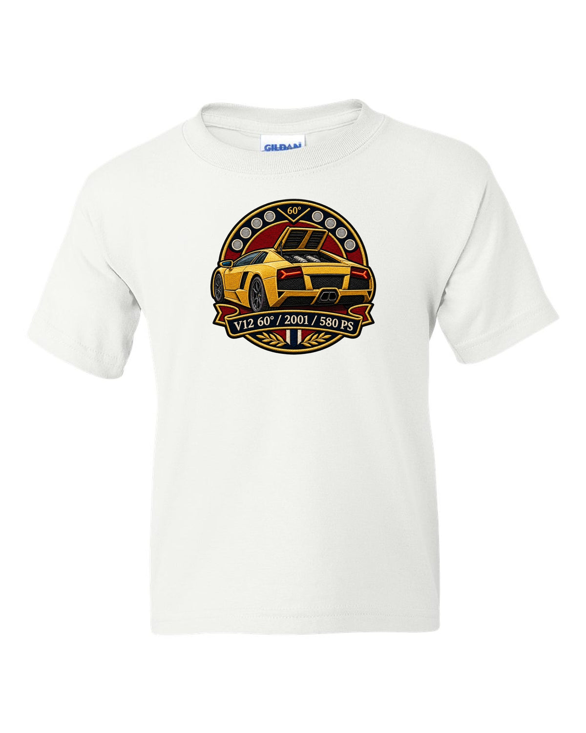 Embroidery-style varsity crest design of a 2001 Lamborghini Murcielago with V12 and 580 PS text white kids tee front view with the design