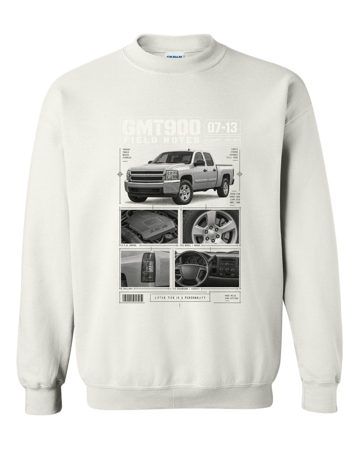 GMT900 Chevy Silverado crew cab field notes dossier print white crewneck front view with the design