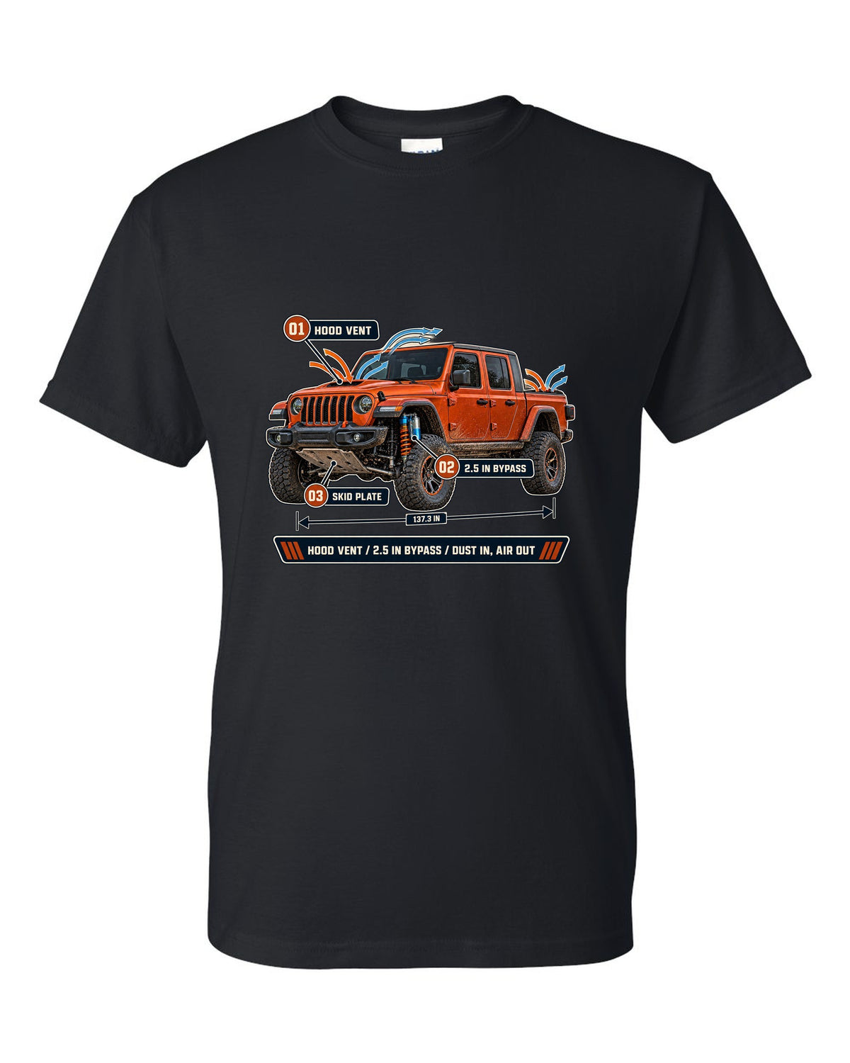 Aero callout print for the Jeep Gladiator Mojave JT showing hood vent and bypass black t-shirt front view with the design