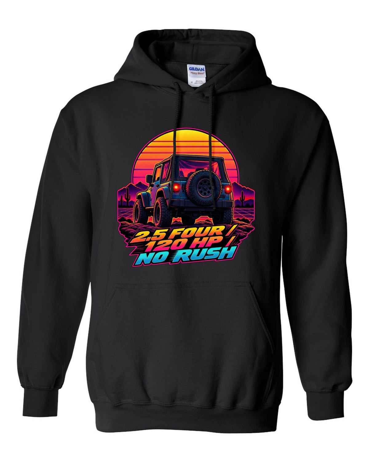 Synthwave sunset illustration of a Jeep Wrangler TJ tailgate with 2.5 FOUR 120 HP NO RUSH lettering black pull over hoodie front view with the design