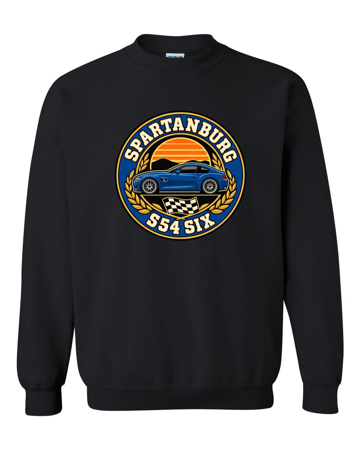 BMW Z4 M Coupe E86 varsity crest print with Spartanburg S54 six text black crewneck front view with the design