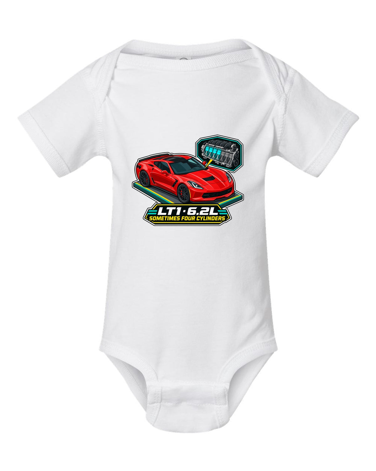Art deco Le Mans night racing poster print of a yellow Chevrolet Corvette C8.R with LT1 6.2L lettering white baby onesie front view with the design