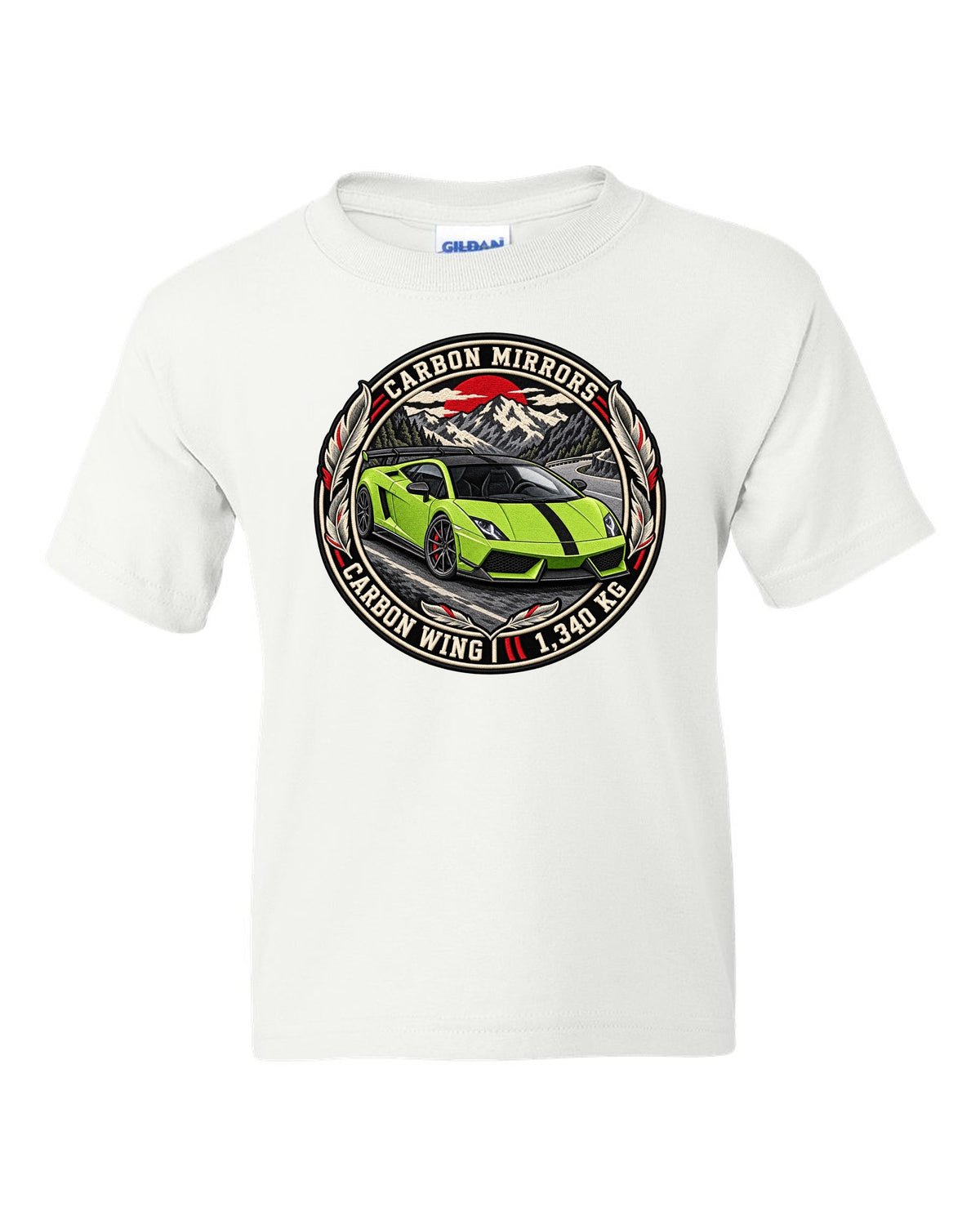Round embroidery-style crest of a Lamborghini Gallardo LP570-4 Superleggera with carbon mirrors and wing text white kids tee front view with the design