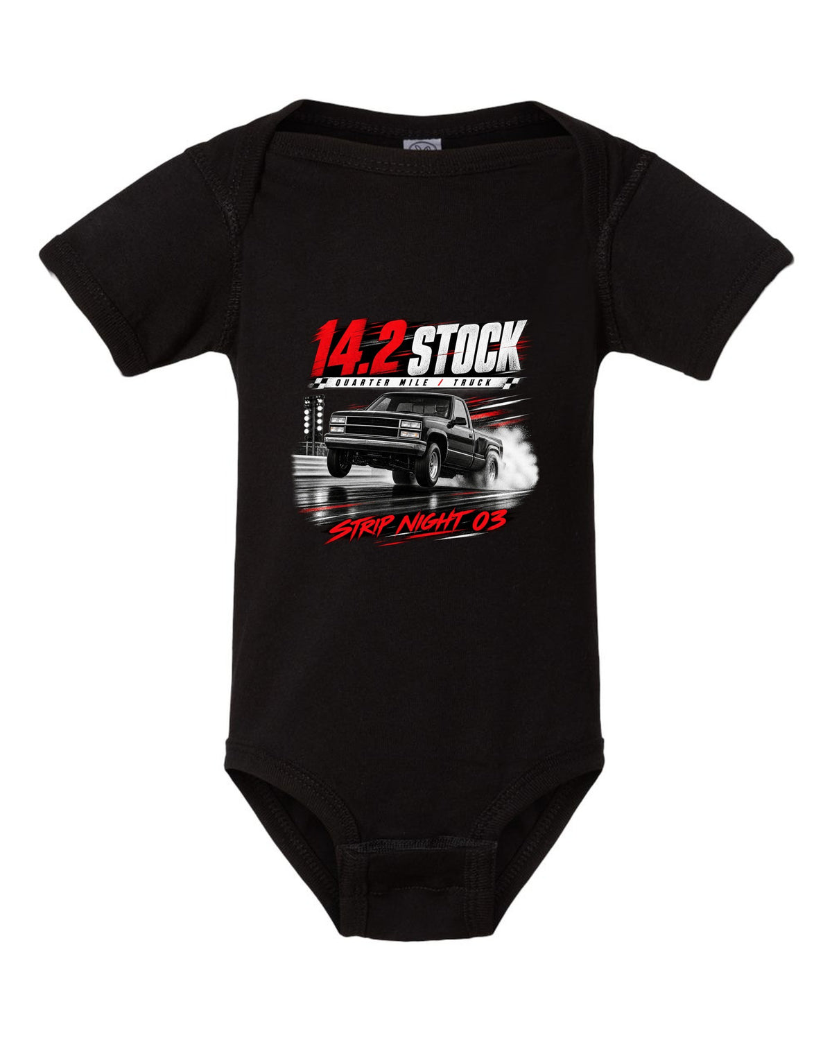 Race poster print of a 1993-95 Ford F-150 SVT Lightning with 14.2 quarter mile text black baby onesie front view with the design