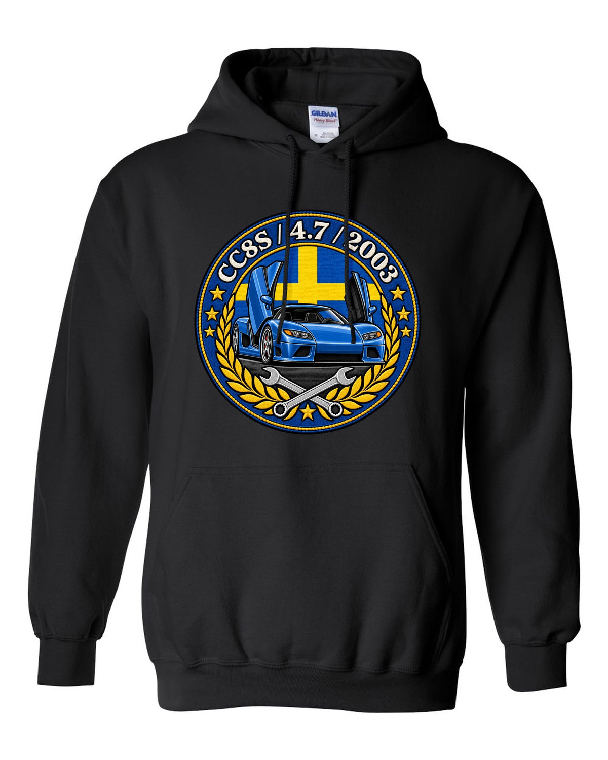 Varsity-style garage crest design for the Koenigsegg CC8S with CC8S 4.7 2003 lettering black pull over hoodie front view with the design