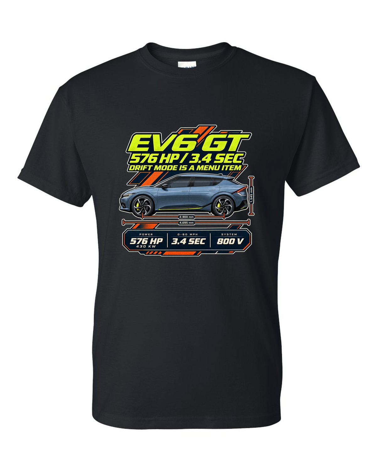 Kia EV6 GT spec poster print on a shirt black t-shirt front view with the design